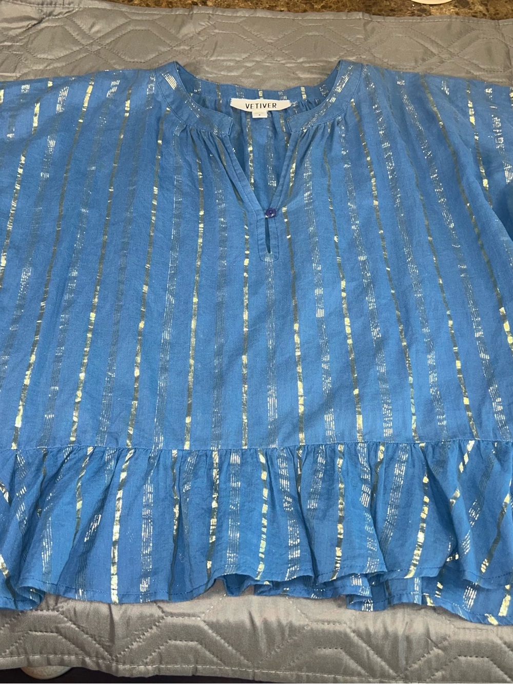 Blue Metallic-Striped Ruffle Hem Blouse